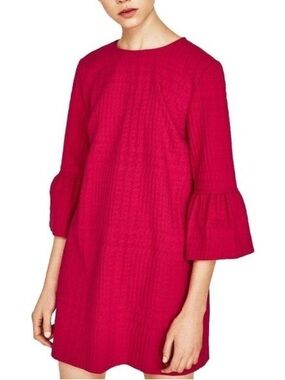 Bright Pink Women's Shift Dress with Bell Sleeves